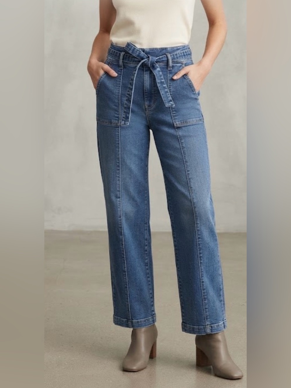Isaac Mizrahi Blue Denim Wide-Leg Paperbag Jeans with Tie Belt